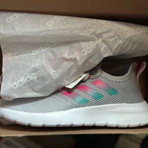 Adidas Kids Gray and Pink Sneakers with Blue Accents